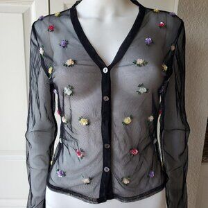Motivi Italy Sheer Black Mesh Floral Sequin Long Sleeve Top Vintage Y2k